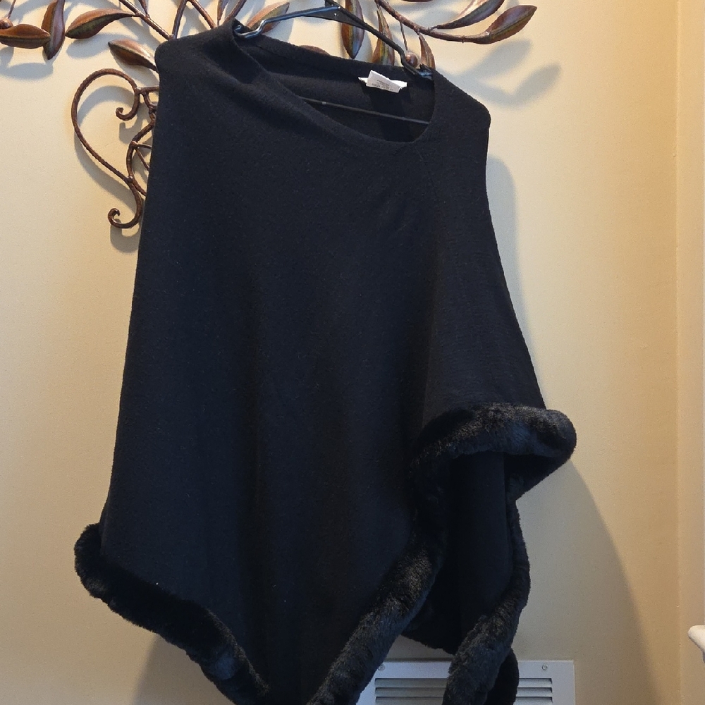 Etcetera Black Poncho with Faux Fur Trim
